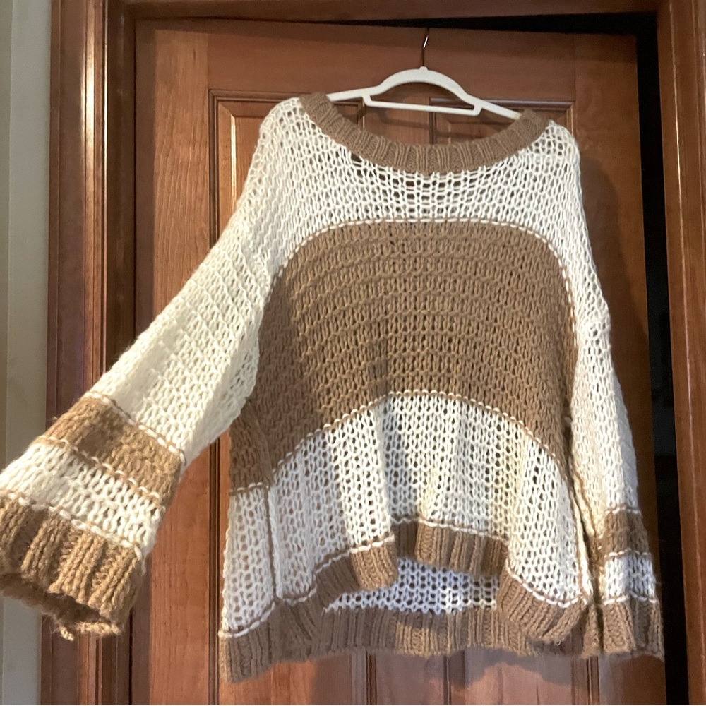 Free people Tan White Block stripe sweater